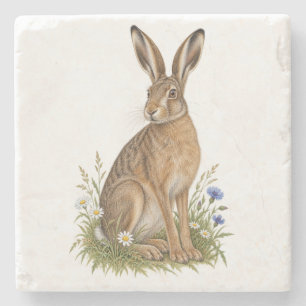 Wiesen Hase neben weißen Gänseblümchen und blauen Steinuntersetzer