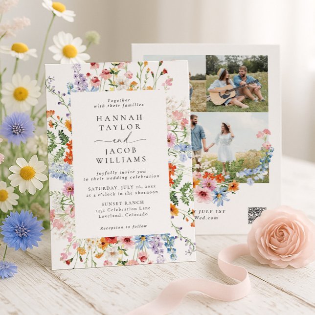 Wiesen-Wildblumen-QR-Code-Drei-Foto-Hochzeit Einladung (Von Creator hochgeladen)