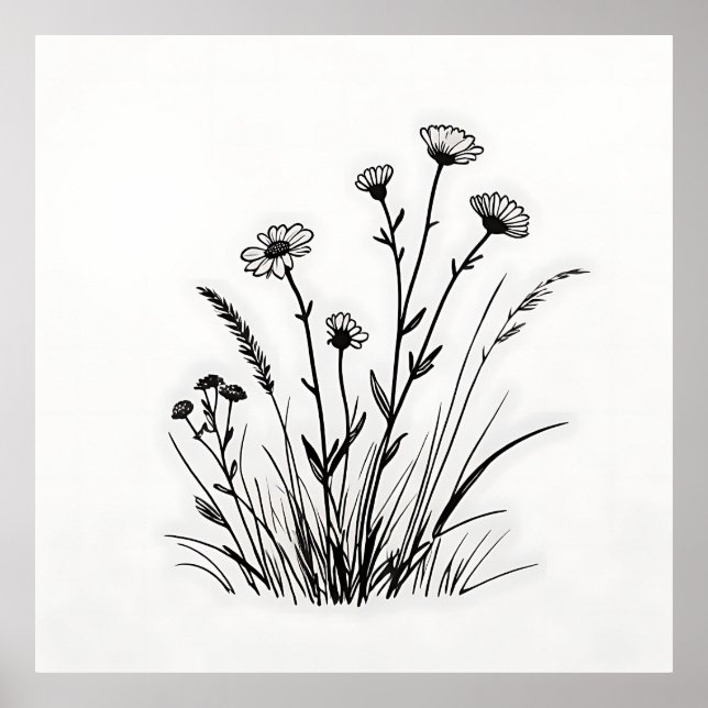 Wiesenblumen-Margeriten Linienkunst Poster (Vorne)