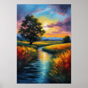 Wiesenglühen, Sonnenuntergang und Fluss Poster