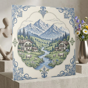 Wiesenkuh-Rustikal-Blau-Berg-Szenen-Kunst Fliese
