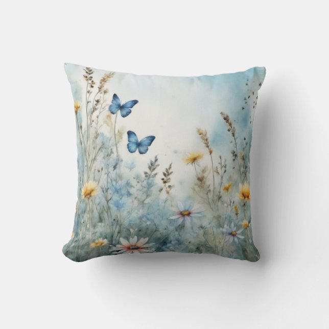 Wiesenmuse | Schmetterling und Wildblume Wasserfar Kissen (Vorderseite)