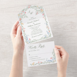 Wiesenpastell Französische Rosen Florale Hochzeit All In One Einladung