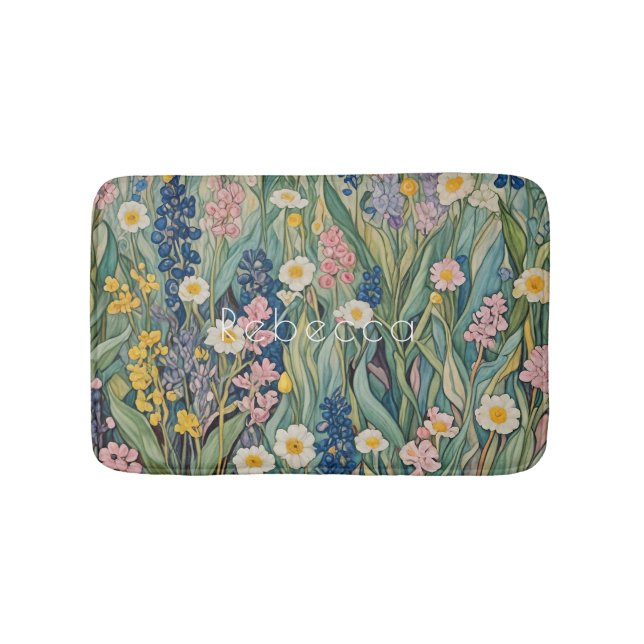 Wiesenweiher: Pastellfarben-Wildblumen Badematte (Vorderseite)