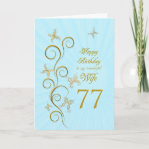 Wife 77th Birthday with golden butterflies Karte