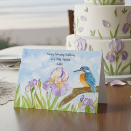 Wife Happy February Birthday Kingfisher with Iris Karte