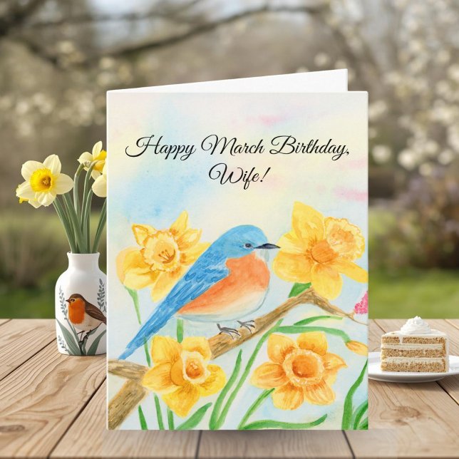 Wife Happy March Birthday Blue Bird  Karte (Von Creator hochgeladen)