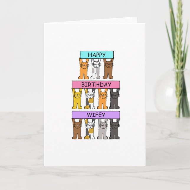 Wifey Happy Birthday Cartoon Cats Karte (Vorderseite)