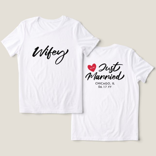 Wifey Just Married Red Heart Initials Wedding Tri-Blend Shirt (Design Vorderseite & Rückseite)