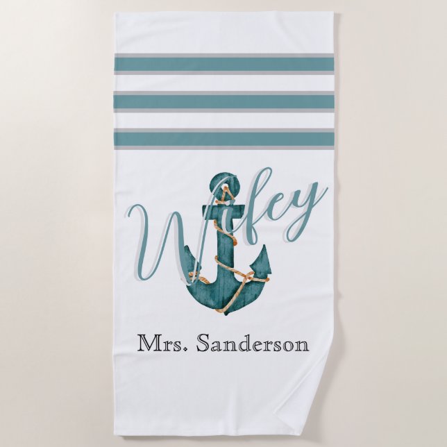 Wifey Nautical Aqua Aquamarin Blue n White Anchor Strandtuch (Vorderseite)