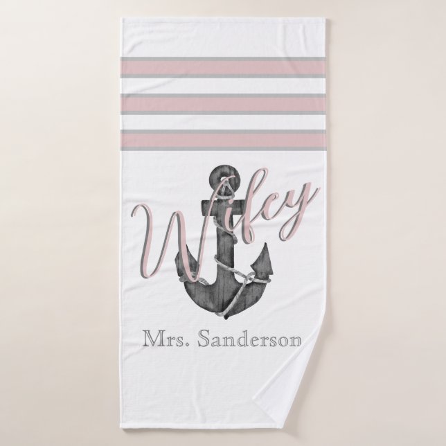 Wifey Nautical Monogram Dusty Rose Pink Anchor Badehandtuch (Badehandtuch)