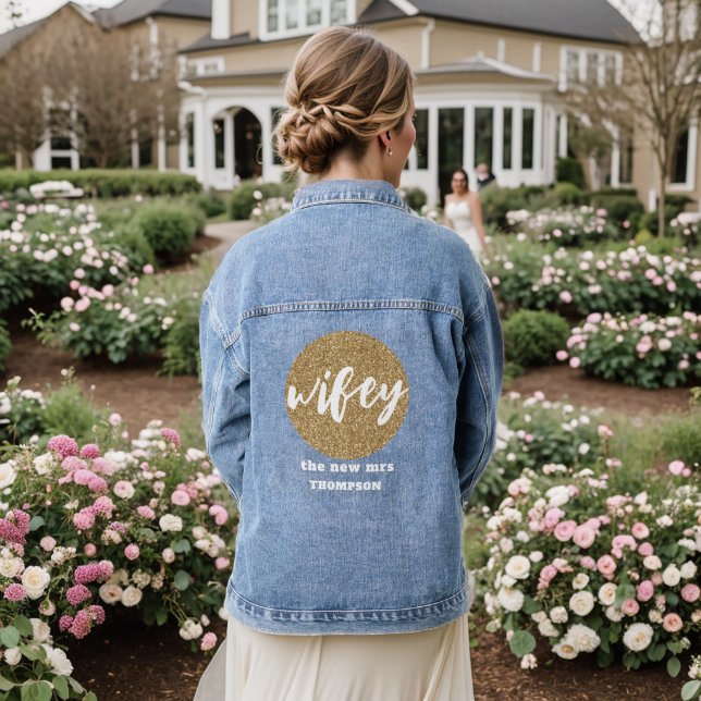 Wifey New Mrs. Name Gold Glitzer Bride Jeansjacke (Hochzeit Rückseite)