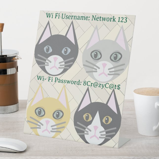 WiFI Benutzername und Kennwort Unterschrift, Katze Sockelschild (In Situ)