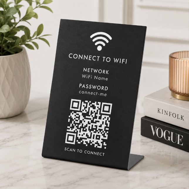 Wifi Network QR Code Scan to Connect Modern Black Sockelschild (Wi-Fi tabletop pedestal signs with interactive QR code, connecting guests seamlessly to your WiFi.)
