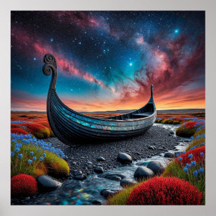 Wikingerschiff auf einer lebendigen Landschaft Poster