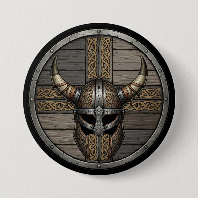 Wikingerschild mit gehörntem Helm Button (Vorderseite)