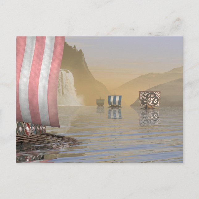 Wikinglongships in einem norwegischen Fjord Postkarte (Vorderseite)