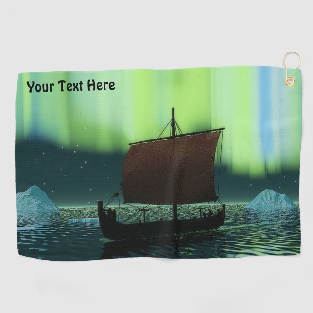 Wikingschiff und Nordlichter Golfhandtuch (Horizontal)