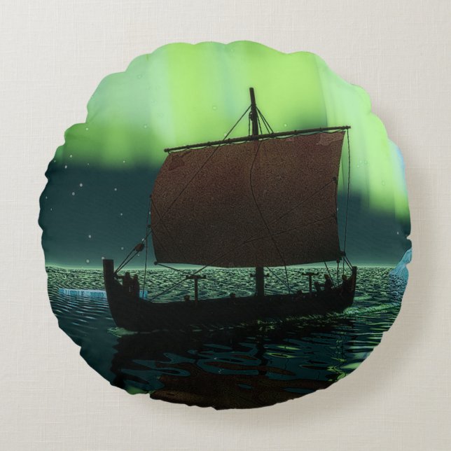 Wikingschiff und Nordlichter Rundes Kissen (Vorderseite)