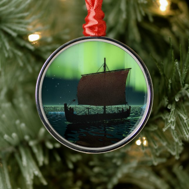 Wikingschiff und Nordlichter Silbernes Ornament (Baum)