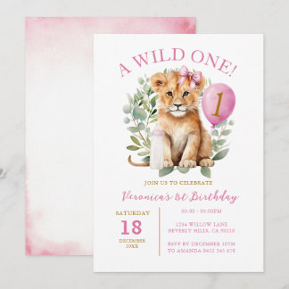 Wild 1 Birthday Lion Girl Birthday Floral Bow Kraw Einladung