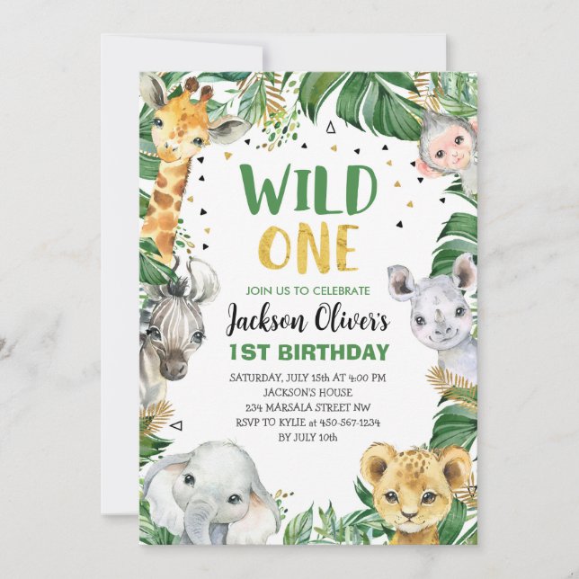Wild 1. Geburtstag Jungle Safari Wilde Tiere Einladung (Vorderseite)