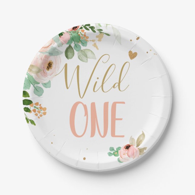 Wild 1. Geburtstag Pink Gold Girl Blume Pappteller (Vorderseite)