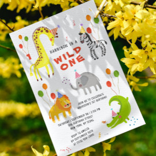 Wild 1. Geburtstag Safari Tiere Niedliches Foto Einladung