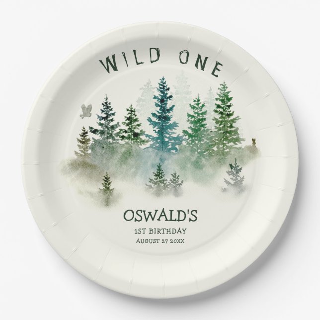 Wild 1. Geburtstag Woodland Wasserfarbe Pappteller (Vorderseite)