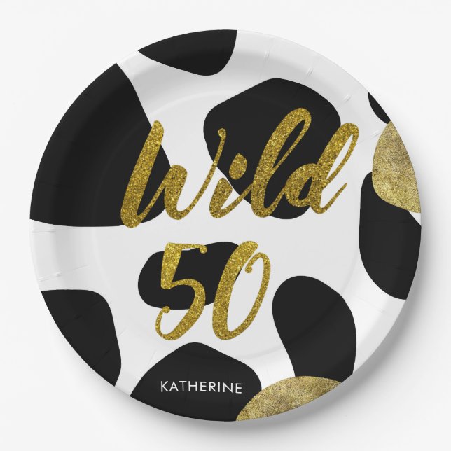 Wild 50 Gold Animal Muster Monogram Pappteller (Vorderseite)