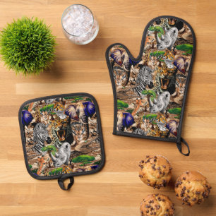 Wild afrikanische Savanna Tiere Ofenhandschuh & Topflappen-Set