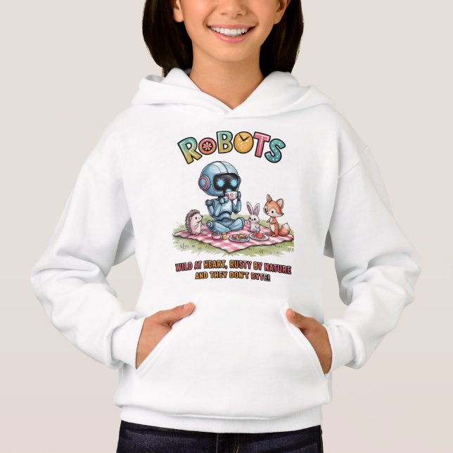 🤖 Wild am Heart Robot Cartoon Picnic in Woods Hoodie (Vorderseite)