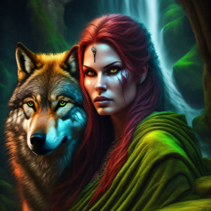 Wild Amazonian Woman and Wolf Seidenpapier