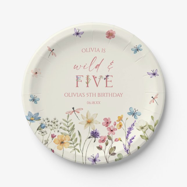 Wild and Five Wildflower 5th Birthday Party Pappteller (Vorderseite)