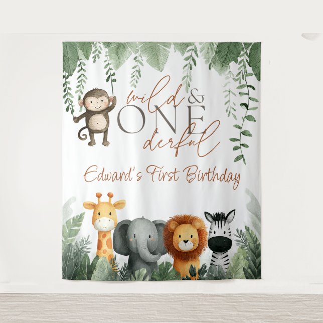 Wild And Onederful Jungle 1st Birthday Backdrop Wandteppich (Vorderseite)