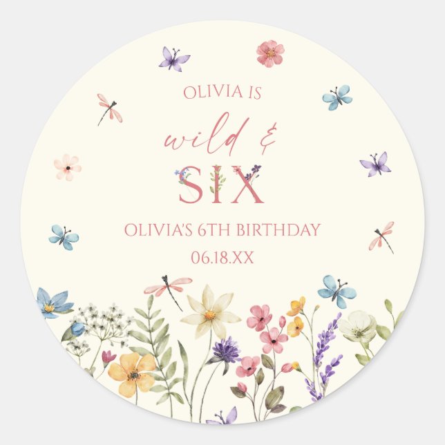 Wild and Six Wildflower 6th Birthday Party Runder Aufkleber (Vorderseite)