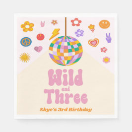 Wild and Three Retro Disco Ball 3rd Birthday Party Serviette
