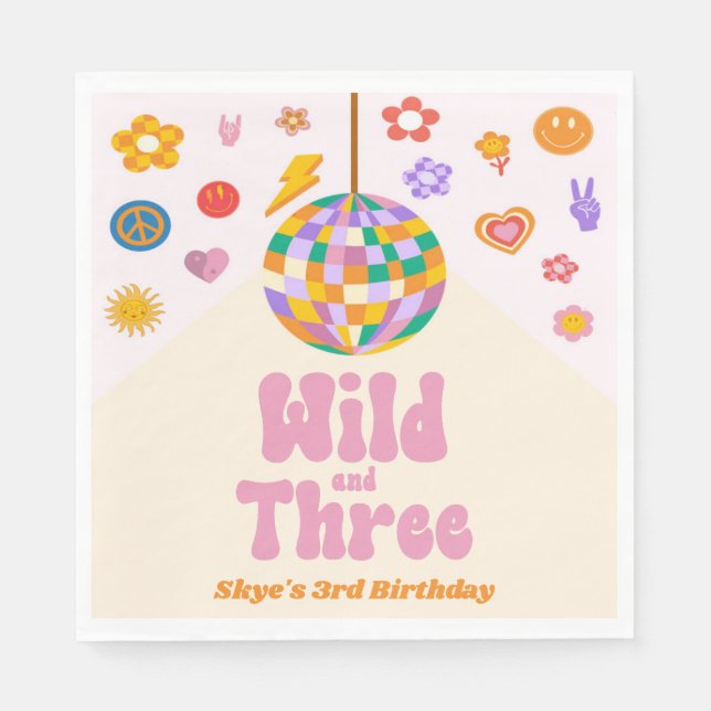 Wild and Three Retro Disco Ball 3rd Birthday Party Serviette (Vorderseite)