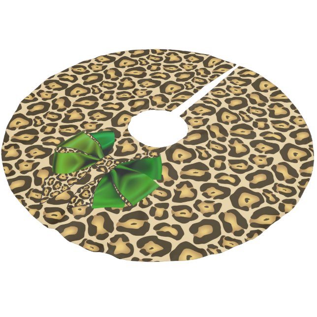 Wild Animal Print Jaguar mit grünem Bow Polyester Weihnachtsbaumdecke (Schrägansicht)