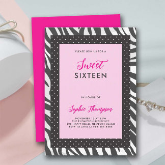Wild Animal Zebra Hot Pink Schwarz-weiß Sweet 16 Einladung