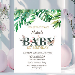 Wild Animals Greneery Leaves 1. Geburtstag Einladung