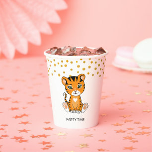 Wild Baby Tiger Cartoon & Gold Confetti Party Pappbecher