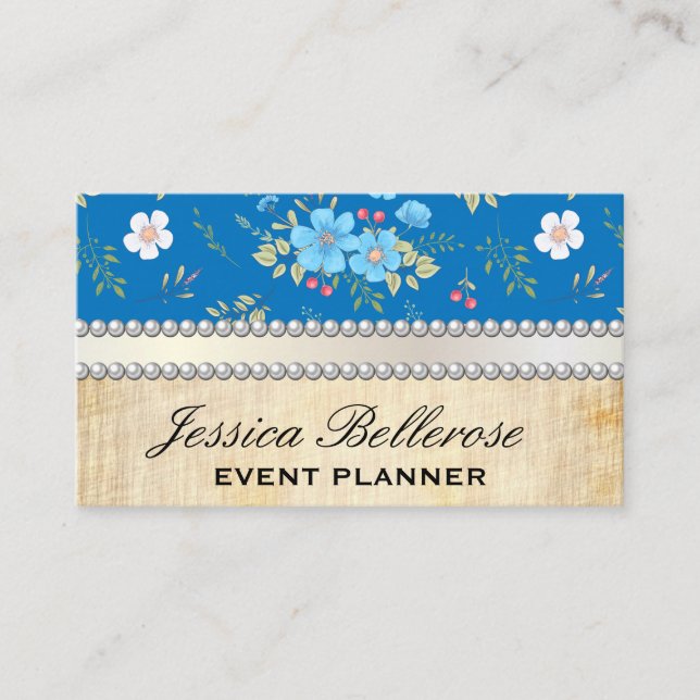 Wild blaue weiße Blume | Vintag Pearls Ribbon Visitenkarte (Vorderseite)