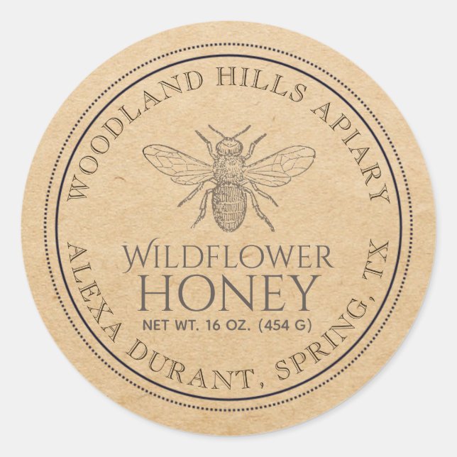 Wild Blume bearbeitbare Kraft Honey Jar Bee Label Runder Aufkleber (Vorderseite)