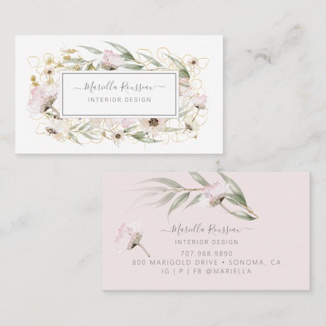 Wild Blume Grüne Gold Glitzer Business Card Visitenkarte (Vorne/Hinten)