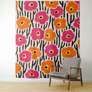 Wild-Blumen-Muster in Hot Pink und Orange Wandteppich