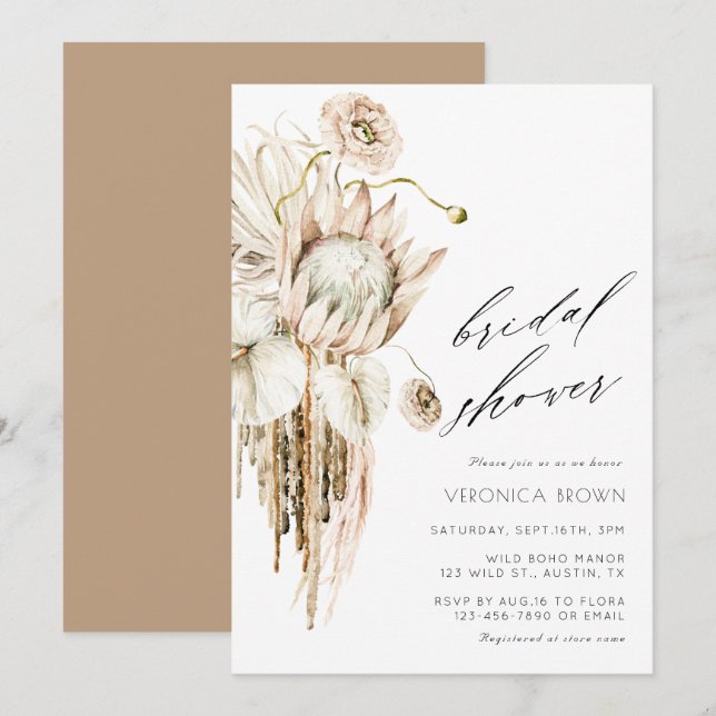 Wild Boho Protea Pampas Grass Floral Brautparty Einladung (Vorne/Hinten)