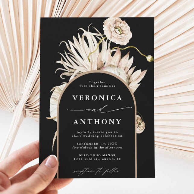 Wild Boho Protea Pampas Grass Floral Wedding Black Einladung (Von Creator hochgeladen)
