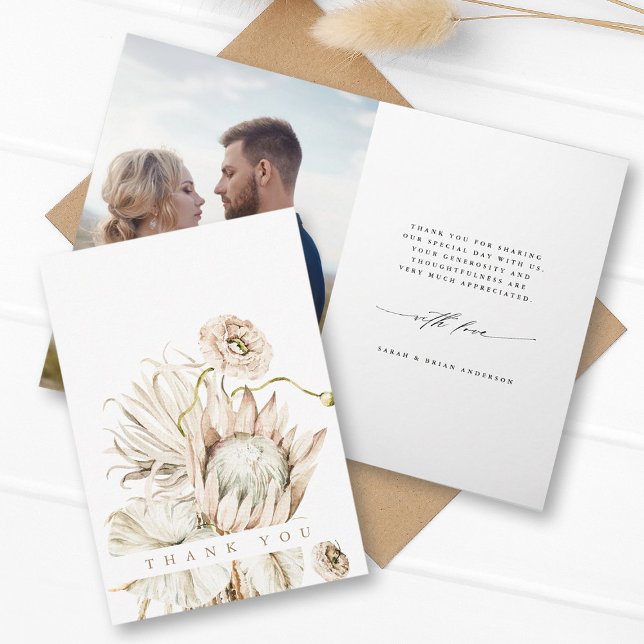 Wild Boho Protea Pampas Grass Floral Wedding Foto Dankeskarte (Front & Inside)