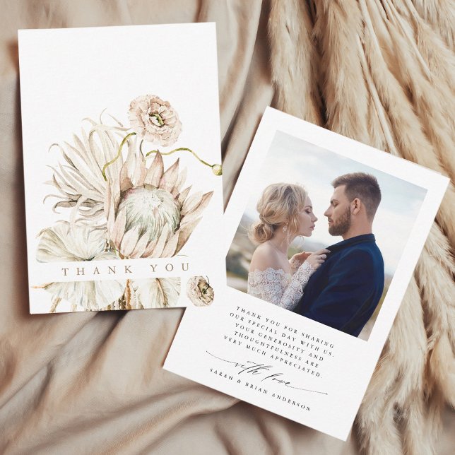 Wild Boho Protea Pampas Grass Floral Wedding Foto Dankeskarte (Front & Back)